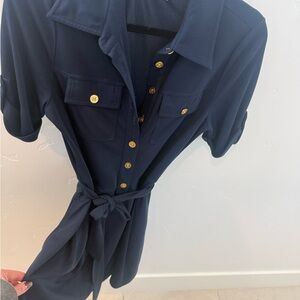 Navy Button-Up Dress with Belt